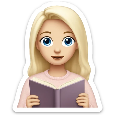 Pretty blue eyed white girl with light pink sweater reading cozy sticker