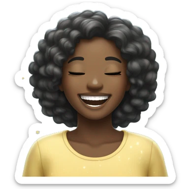 A cute, cheerful black girl laughing, straight hair, and eyes closed in joy, surrounded by light blue sparkles sticker
