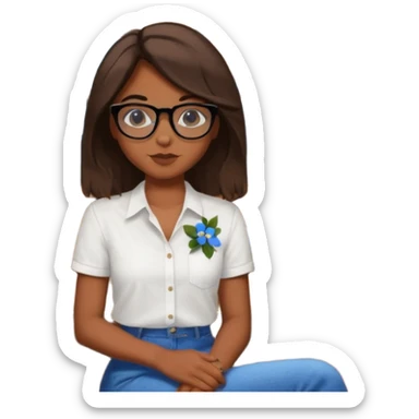 No pero que las florecitas azules estén en la camiseta dibujadasCréame una chica morena de pelo más o menos por los hombros con granitos en la cara y unas gafas negras, que esté sentado en una silla de bar con una camisa blanca con florecitas azules sticker