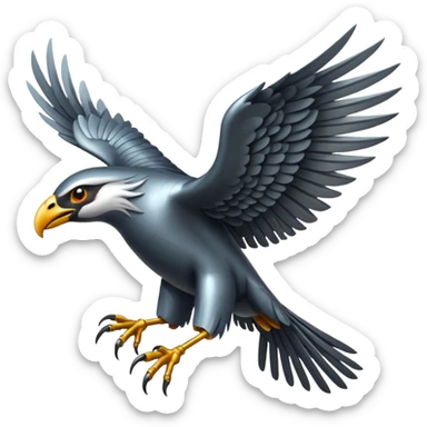 Emoji-style icon of a large metallic predatory bird flying, sharp wings, steel texture, dramatic pose, dark background sticker