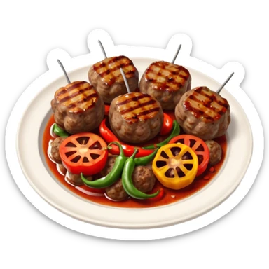 Akçaabat meatballs object icon, grilled Turkish kofte pieces on a plate, smoky char marks, juicy texture, served with grilled peppers and tomatoes, 3D cartoon, mobile game icon style, centered, clean background, no text, no watermark
 sticker