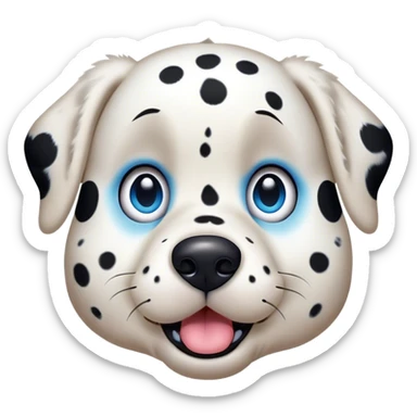 Cinematic Comical Spotted Dalmatian Portrait Emoji, Head tilted dramatically with an exaggeratedly shocked or amused expression, featuring a striking Fur of predominantly white with vivid black patches, wide, expressive blue eyes filled with playful disbelief, Simplified yet hilariously expressive features, highly detailed, glowing with a slightly sassy glow, high shine, dramatic yet playful, stylized with an air of cheeky charm, bright and endearing, soft glowing outline, capturing the essence of a spirited and over-the-top guardian, so meme-worthy it feels like it could side-eye its way into internet fame instantly! sticker