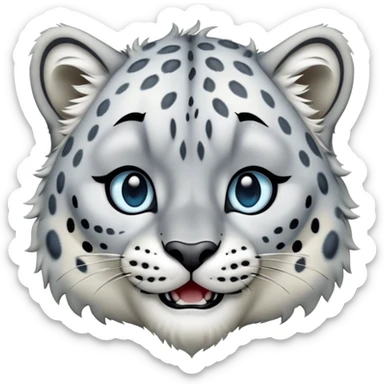 Cinematic-Comical-Snow-Leopard-Portrait-Emoji – Head tilted dramatically with an exaggeratedly amused expression, featuring a thick, spotted white-and-grey coat with a dense ruff around the neck, wide, piercing icy blue eyes filled with playful disbelief. sticker