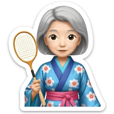 ancient japanese old woman with 1 badminton racket sticker
