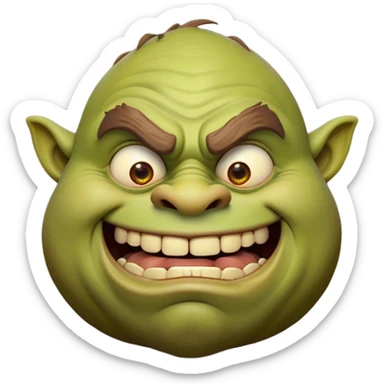 Cinematic Comical Ogre Portrait Emoji, with a strikingly exaggerated, bulky figure in vivid earthy greens and browns, head tilted in a dramatically surprised expression with wide, comically bulging eyes and a goofy, oversized grin, simplified yet hilariously exaggerated, highly detailed with a soft, cartoonish glowing outline capturing the playful absurdity of a meme-worthy ogre! sticker