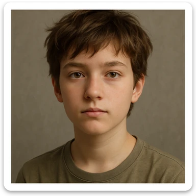 3D illustration of a young person with short tousled brown hair, light skin, neutral expression, realistic and detailed style, inspired by the reference image sticker