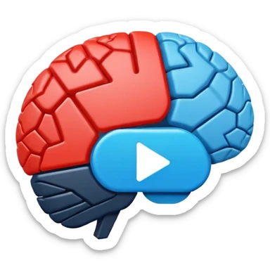 Minimalist flat icon design, brain silhouette with YouTube play button triangle integrated inside, clean vector style, single color or gradient, simple lines, professional logo style, white background, centered composition sticker