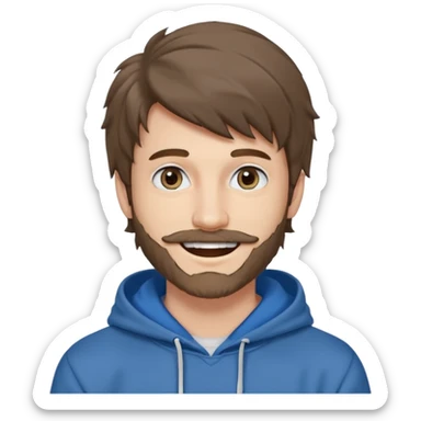 20 year old man, short scruffy beard and thin moustache, brown puffy mullet, blue eyes, big smile, white teeth, big lips, pronounced jaw, hair longer in back, sticking up on top, thin face, grey hooded sweatshirt, pale skin, big smile, blue eyes, puffy hair that is long in back, blue eyes, no bangs sticker