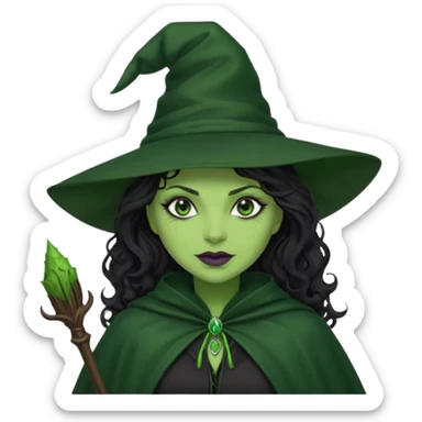 elphaba wicked witch with broom close up, evil dark curly long dark hair, green skin, thick green lips, cheekbones, smirk evil menacing cythia erivo dark aesthetic black hat cloak black broom sticker