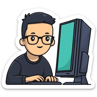 Young man with glasses using an outdated desktop computer with bulky monitor sticker