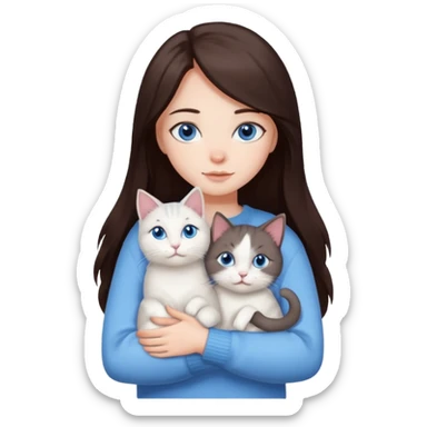 a girl with long dark 
brown hair, with blue eyes, in a
white sweater, hugs 3 different natural coloured cats sticker