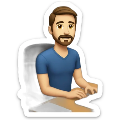 a man with short straight slightly raised brown hair, with a beard and mustache is sitting at a computer in the office sticker