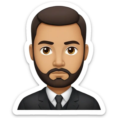 Heavier-set producer with light brown skin, pear-shaped face, full cheeks, serious dark eyes, thick eyebrows, wide nose, confident expression, short well-groomed beard, very short dark hair, wearing a black dress shirt sticker