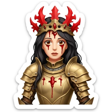 realistic cinematic actress Cher in baroque styling like Joan of Orleans dirty bloody damaged armor in a forest sticker