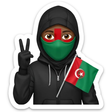 fait une personne habiller tout en noir avec une veste et une capuche et une cagoule qui tient un drapeua d'algerie dans sa main droite sticker