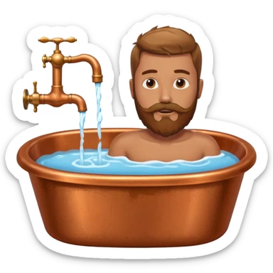 Man with beard lying in copper bath with water running from taps sticker