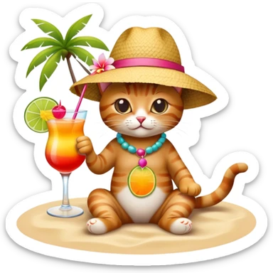 Cat with sunhat relaxing on beach with colorful mai tai cocktail sticker