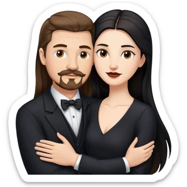 tall white man with brown hair goatee mustache hugging a pale woman with long black hair, wearing formal clothing sticker
