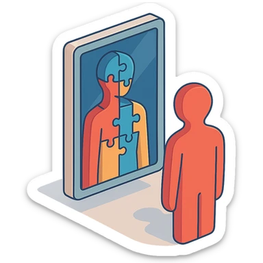 A mirror where the reflected body consists of fragments or puzzle pieces, symbolizing the complexity of the inner world. Style: 2D Isometric with clear shadows and highlights, transparent background. sticker