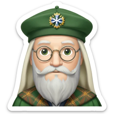 Dumbledore wear green scotland Tam o'shanter cap with decorative patterns, wear glasses, very long beard sticker