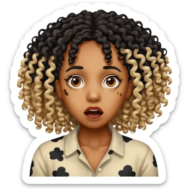 Emoji of a very shocked black female with vitiligo (alot of vitiligo patches) give her more curly hair sticker