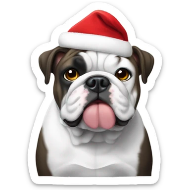 Black and white English bulldog. Wearing a Santa hat sticker