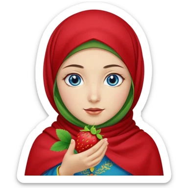 Turkish beautiful finish Konya girl blue eyes with red yellow green hijab islamic dress and had on her hand strawberry  sticker