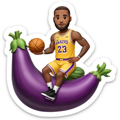 Lebron wearing a lakers jersey riding a big eggplant sticker