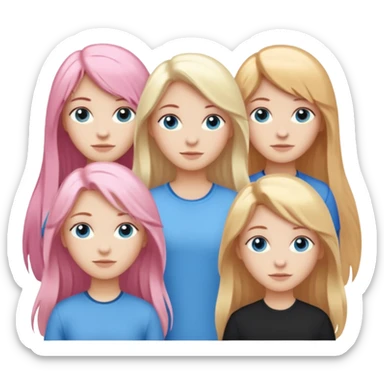 Girlfriend emoji - include 1 white girl with long light pink hair and blue eyes, 1 white girl with brown eyes and medium honey blonde hair, 1 white girl with blue eyes and light blonde hair, and 2 white girls with brown eyes and long dark brown hair sticker