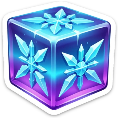 glowing ice crystal cube, icy neon cyan highlights, purple neon accents. sticker
