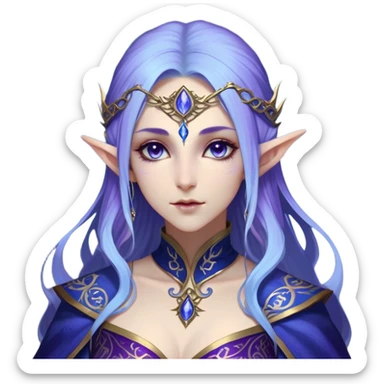 Cinematic Realistic WoW Elf Mage Portrait, depicted with ethereal, otherworldly beauty and refined arcane mastery. Clad in an intricately detailed robe in consistent deep blues and purples accented with shimmering gold filigree, her luminous, porcelain-like skin and delicate features evoke timeless elegance. Her piercing, mystical eyes radiate ancient wisdom, rendered with lifelike texture and subtle, magical lighting, high shine, noble and majestic, capturing the essence of a legendary elven sorceress. sticker