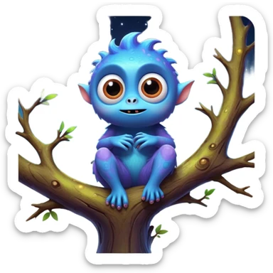 3D, create an image of a cartoon monster with big eyes sitting on a tree branch, thomas kinkade and paul lehr, pixar cute character design, by Anne Stokes, splashes of neon galaxies, adorably cute, drew struzan inspiration, 2019, by Wojciech Korneli Stattler, beautiful mattepainting sticker