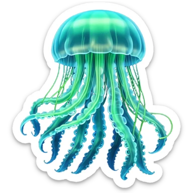 3D render of Jellyfish, bioluminescent deep sea style, glowing neon blue and green lights, dark background to contrast the glow, translucent organic textures. sticker
