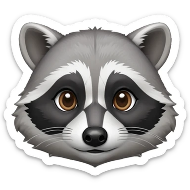 Cinematic-Noble-Raccoon-Portrait-Emoji – Poised and confident, with a sturdy build and a beautifully textured fur of silver-grey accented by dark black facial markings, deep-set, big black eyes, simplified yet sharp and sophisticated zoom out to show shoulders sticker