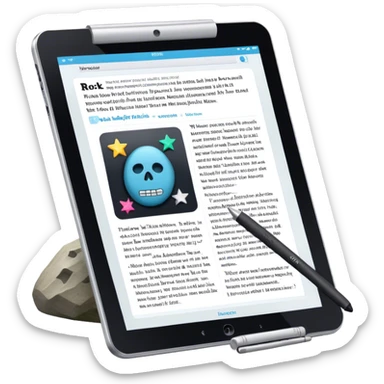 Create an emoji representing fanfiction writing. The design should feature a tablet with a screen displaying images of rock and movie stars, symbolizing the inspiration from popular culture. Next to the images, there should be visible text representing the fanfiction being written. A stylus should be placed near the tablet to emphasize the act of writing. Use a creative and expressive color palette with vibrant and neutral tones. Do not include any emojis or smiley faces. Make the background transparent. sticker