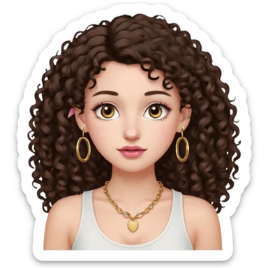 white girl with long dark brown curly hair with a little volume wearing a white tank top. Blush on the cheeks and big eyelashes and a brown-pink lip combo. gold hoops as earrings(medium size)  and a small gold hoop for a nose ring  and a square small denty gold necklace  sticker