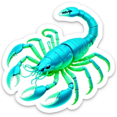 3D render of Radioactive Scorpion, bioluminescent deep sea style, glowing neon blue and green lights, dark background to contrast the glow, translucent organic textures, more emission. sticker