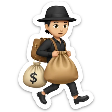 side view of a thief escaping with a money bag hanging on the back sticker