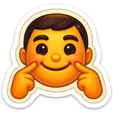 Create a playful emoji-style face inspired by the reference image pose: two hands, each with one index finger pressing on each cheek. The expression should be friendly, confident, cute, happy, and positive. Do not include tongue out or any sad or self-deprecating emotion. sticker