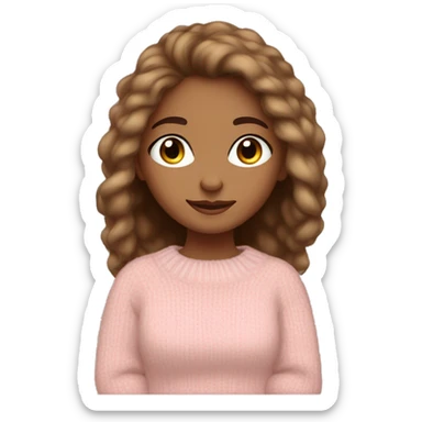Pretty lightbrown eyed lightbrown girl with light pink sweater reading cozy sticker
