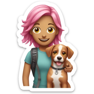 smiling girl with pink hair with dog outdoors sticker