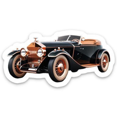 Dark black Bare bones streamlined sporty (stripped down) hot rodded inlaid rose gold and wood accentuated sporty 1932 Rolls Royce with futuristic electric spaceship plasma neon glowing motors and lightening dynamos with wide racing wheels that are held strong by advanced suspension and steering sticker