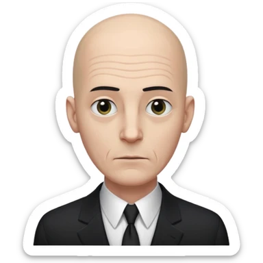 Extremely tall, pale gray-skinned man with a bald head, heavy brow, sunken eyes, a long gaunt face, and a black suit with a white shirt collar visible. sticker