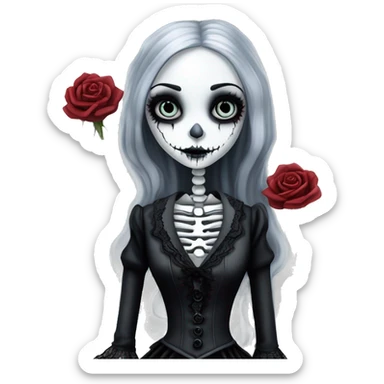 full height skeleton body, tim burton "corpse bride", thin porcelain doll with a cracked face, goth makeup watery eyes, long gray hair, lace and ruffles, lolita style, inked, black and white, red roses sticker
