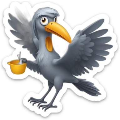 A shoebill flying with kitchen equipment sticker