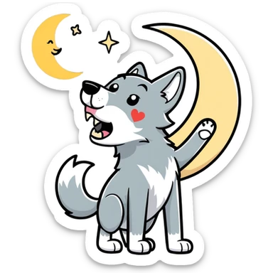 A wolf howling at the moon the moon is shaped like a heart. The wolf has hearts coming out of its mouth, and it’s thumping its leg really fast and excitement. sticker