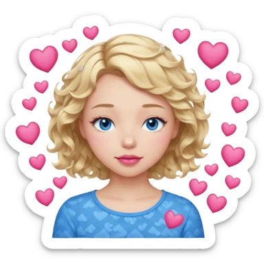 Girl Blonde short wavy hair,  blue eyes, cute blue top, long lashes, pink lips, sleeping eyes closed, hearts floating  sticker