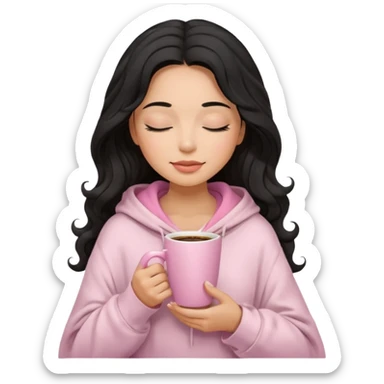 hispanic woman, black long wavy hair , closed eyes, feminine face, holding soft pink coffee cup wearing white Hoodie with pink blanket over shoulders sticker
