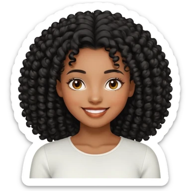 a young woman.She has voluminous, curly black hair long that frames her face beautifully. Her skin tone is black light and glowing, and she has a subtle, natural makeup look. She’s smiling softly at the camera. She is wearing a white top sticker