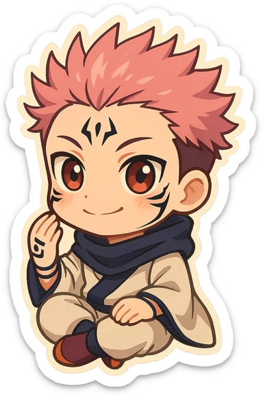Sukuna in chibi style, cute and small, big expressive eyes, anime-inspired, vibrant colors sticker